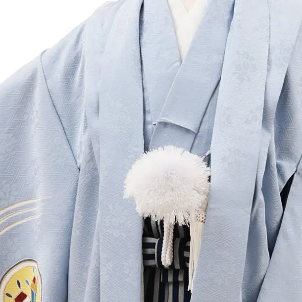 七五三(5歳男袴)X587【高級正絹】薄水色 波に吉祥文様×紺縞