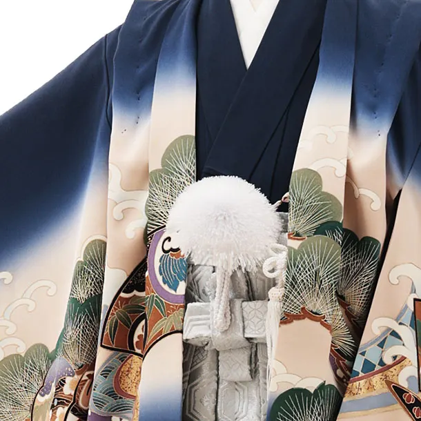 七五三(5歳男袴)X589【正絹】紺地 波に鷹 兜×シルバー亀甲