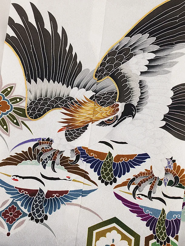 七五三(5歳男袴)X594【正絹】白地裾紺 吉祥文様に鷹×紺 | 着物レンタル