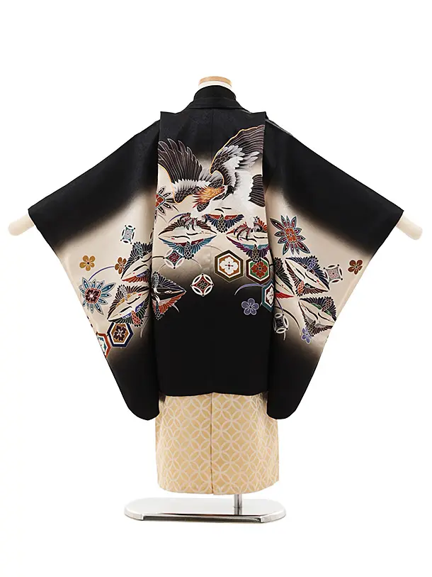 七五三(5歳男袴)X595【正絹】黒ぼかし 吉祥文様に鷹×ベージュ