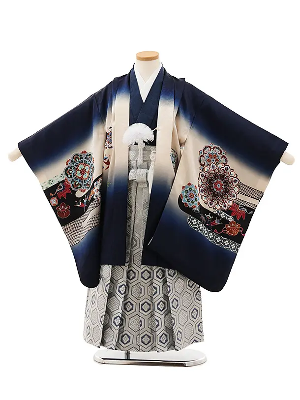 O*i様 正絹 七五三 男児 男の子 羽織 袴フルセット紋付 着物 5歳 七五三 着物 男の子 五歳 13点フルセット 長門 鷹 鼓 紺 羽織袴