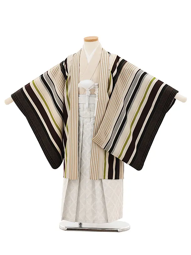 かんたん七五三(5歳男袴)X605 九重 ベージュグリーンストライプ×白銀