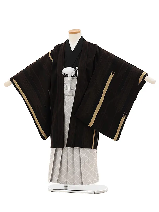 かんたん七五三(5歳男袴)X607 九重 茶 矢柄縞×白銀