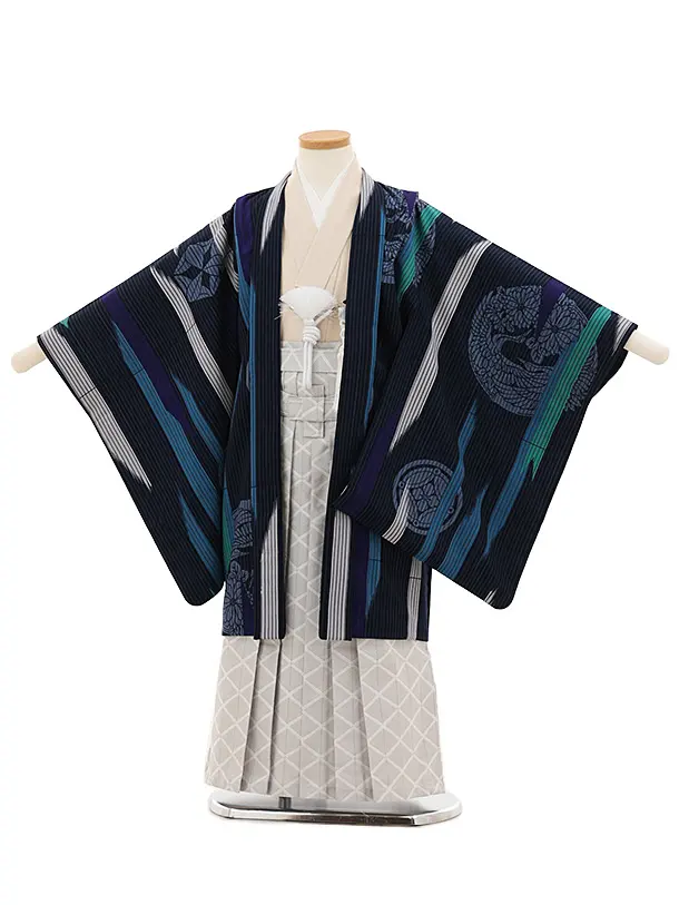 かんたん七五三(5歳男袴)X608 九重 紺 かすり丸紋×白銀