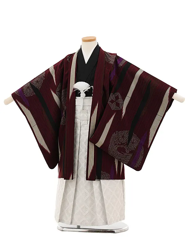 かんたん七五三(5歳男袴)X609 九重 ボルドー かすり丸紋×白銀