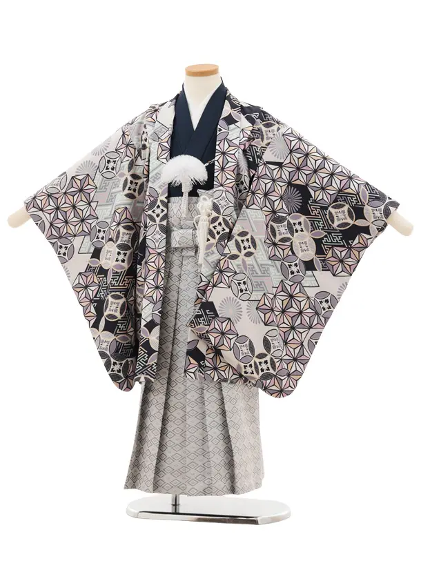七五三レンタル(5歳男袴)X628 白紺 麻の葉 七宝×グレーシルバー