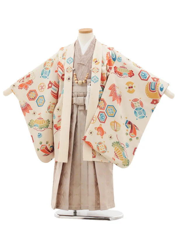 七五三レンタル(5歳男袴)X632 花わらべ クリーム宝尽くし×ベージュ