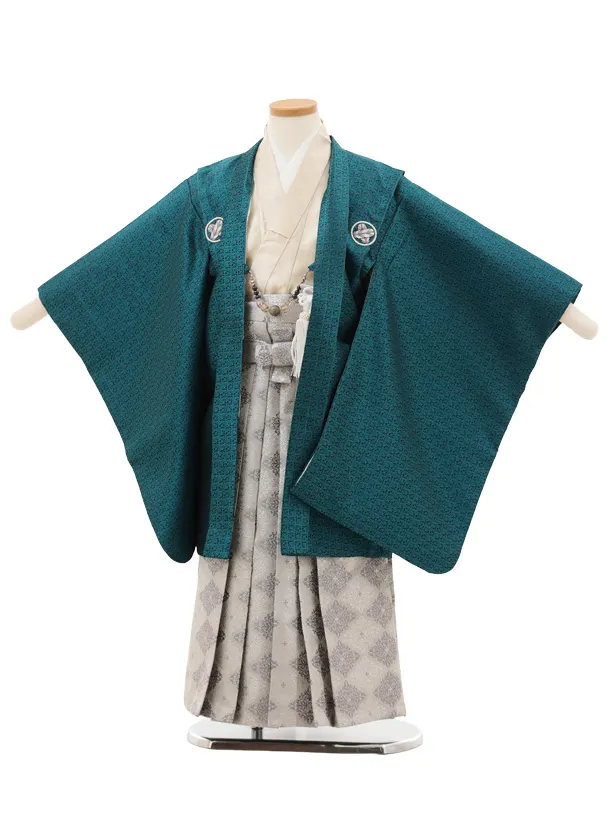 七五三レンタル(5歳男袴)X635 花わらべ エメラルドグリーン 紋付×グレー