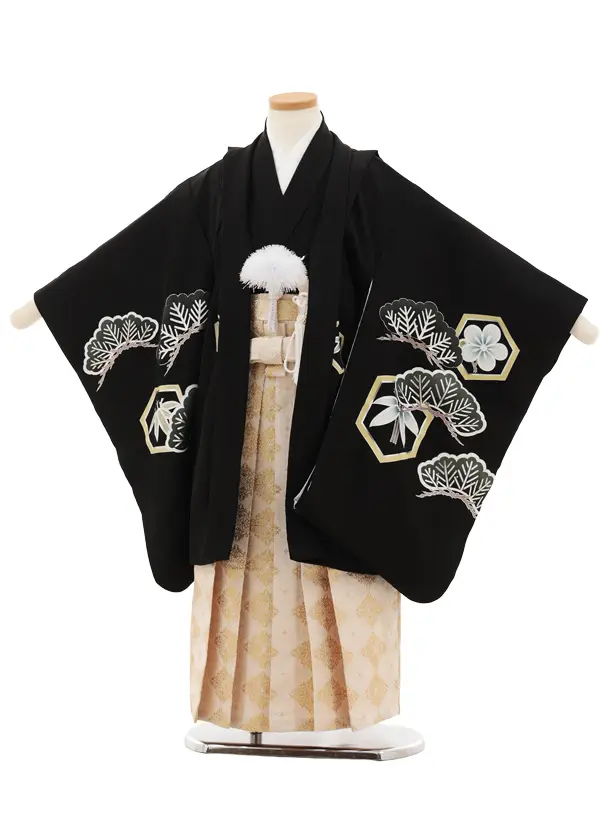 七五三(5歳男袴)X645【正絹】黒地 松亀甲紋鷹×クリームゴールド