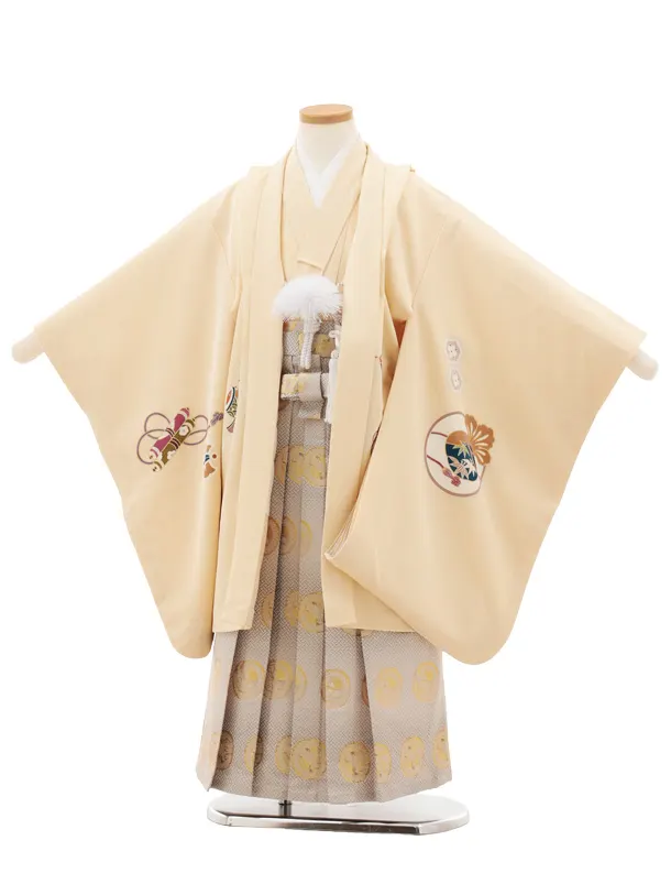 七五三(5歳男袴)X646【正絹】クリーム地 束ね熨斗 吉祥文様×ゴールド丸紋