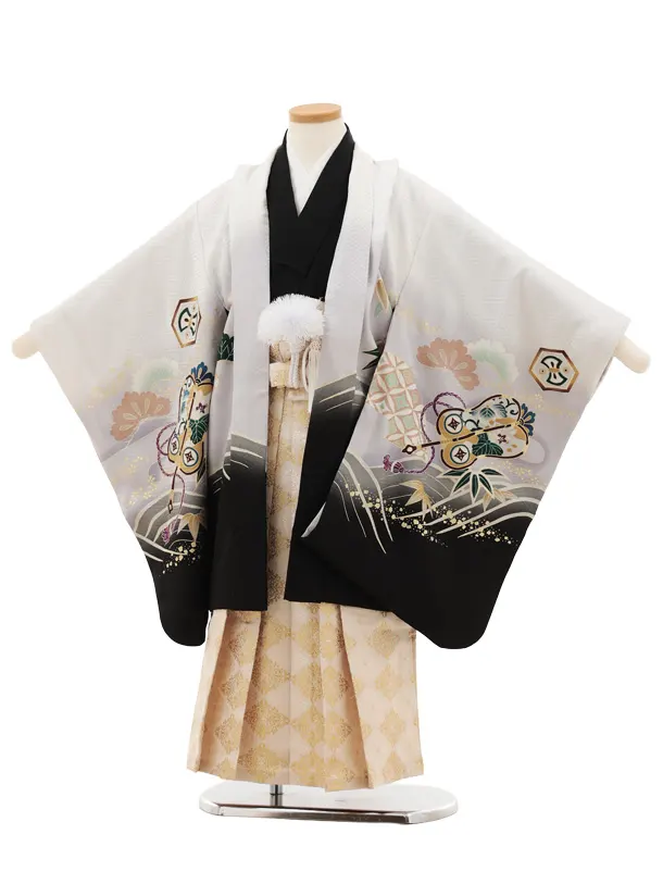 七五三(5歳男袴)X648【正絹】白地ぼかし 波に鷹×クリームゴールド