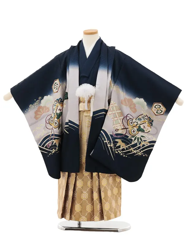 七五三(5歳男袴)X650【正絹】紺地 波に兜×ゴールドぼかし