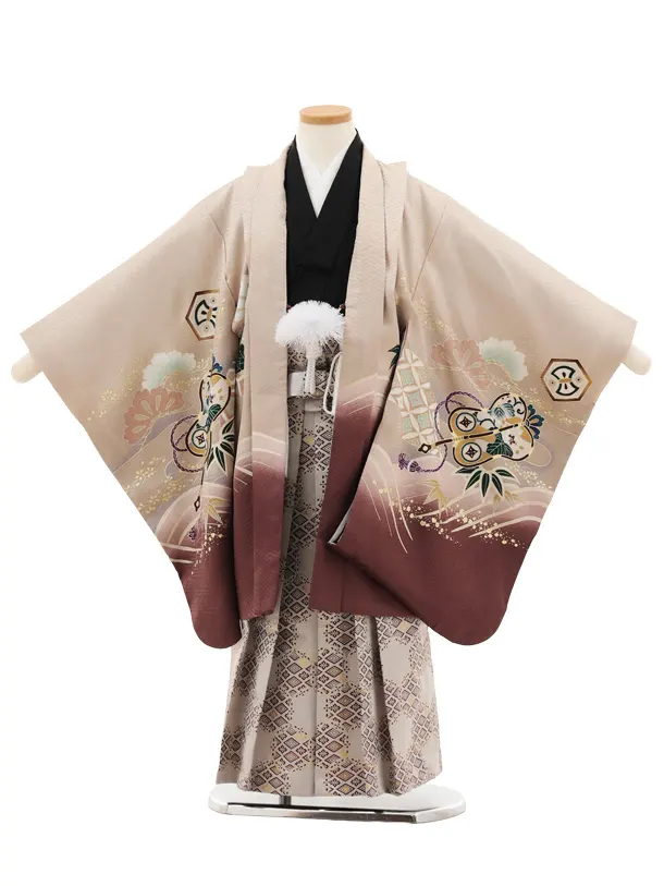 七五三(5歳男袴)X652【正絹】ベージュ 波に兜×白菱