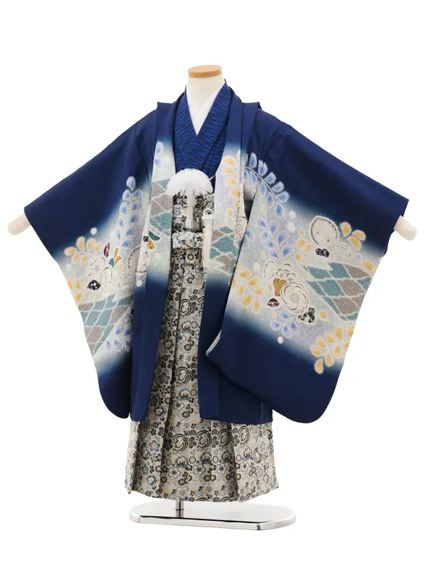 七五三(5歳男袴)X654【正絹】ブルー辻が花 小槌×ベージュ梅