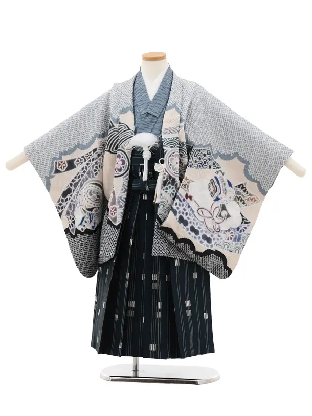 七五三レンタル(5歳男袴)X656 グレー疋田調 熨斗兜×紺