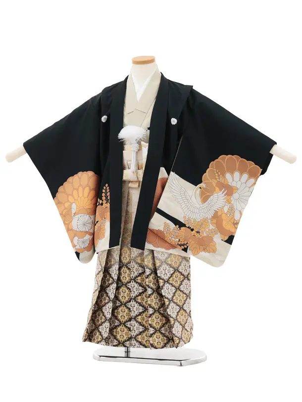 七五三レンタル(5歳男袴)X689 黒地桐鶴×白黒ぼかし