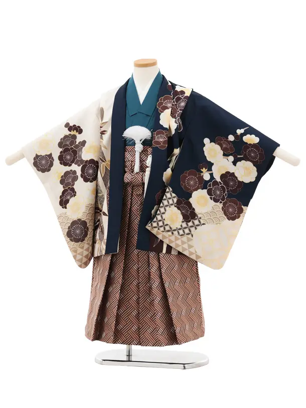 七五三レンタル(5歳男袴)X690 紺クリーム梅×ブラウン