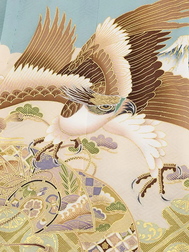 七五三(5歳男袴)X695【正絹】ペールミント鷹×グレー | 着物