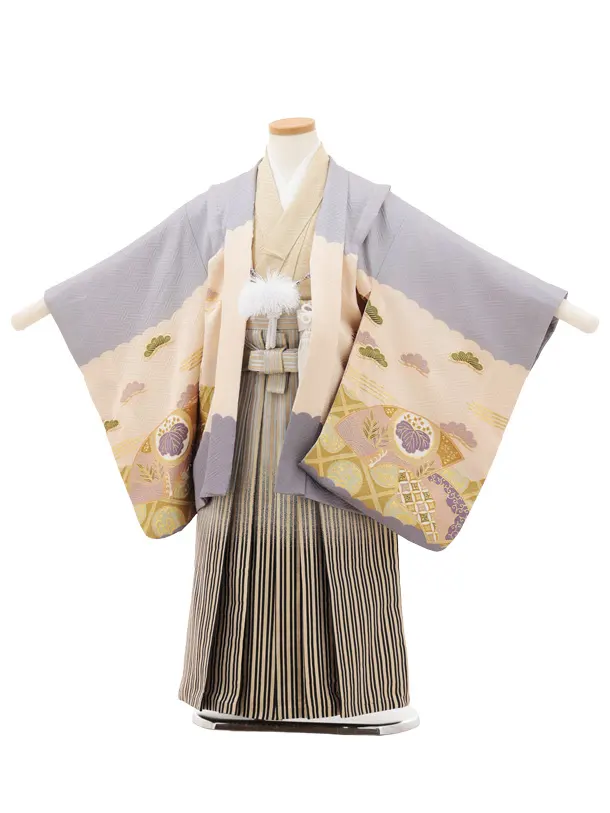 七五三(5歳男袴)X696【正絹】ペールパープル鷹×ゴールド縞