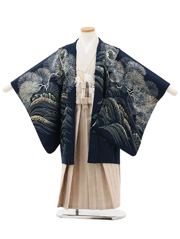 かんたん七五三(5歳男袴)X697 京舞 紺松丸紋に鷹×ベージュストライプ