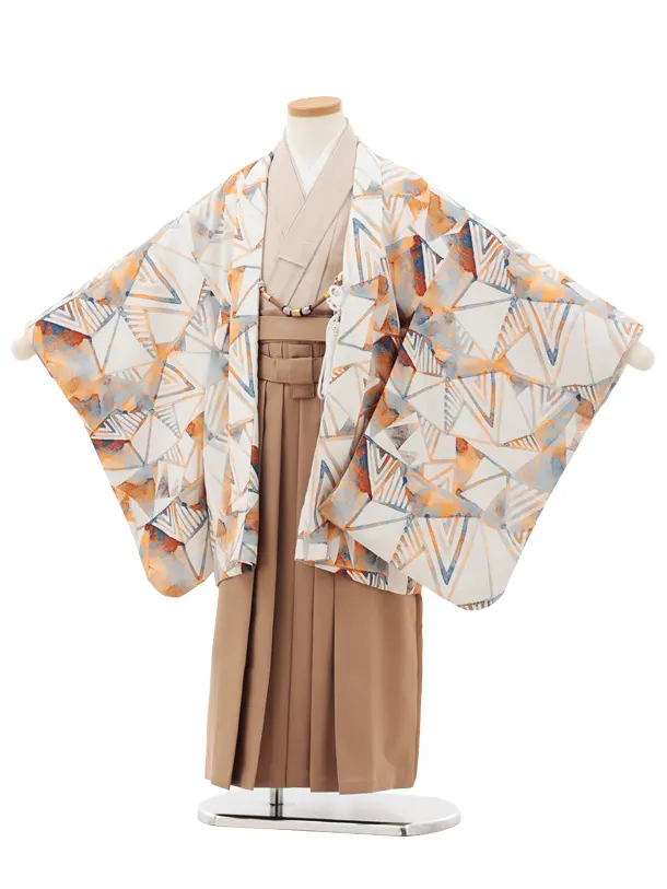 かんたん七五三(5歳男袴)X701 オフ白 水彩 幾何学×モカブラウン