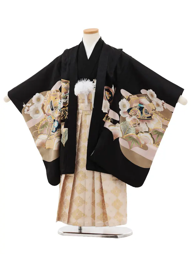 かんたん(5歳男袴)X706【正絹】 黒地 吉祥文様 白鷹×クリームゴールド