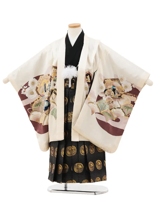 かんたん七五三(5歳男袴)X708【正絹】 クリーム地 吉祥文様 白鷹×紺丸紋