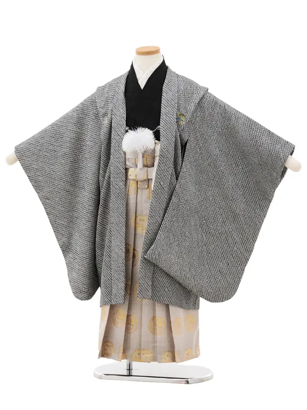 七五三(5歳男袴)X584【高級正絹】黒地 刺繍鷹×グレー | 着物