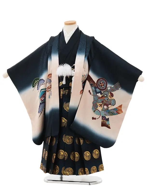 七五三(5歳男袴)X717【正絹】紺地 熨斗に鷹×紺丸紋