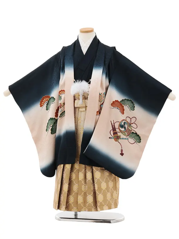七五三(5歳男袴)X728【正絹】紺地 吉祥文様 兜×ゴールドぼかし