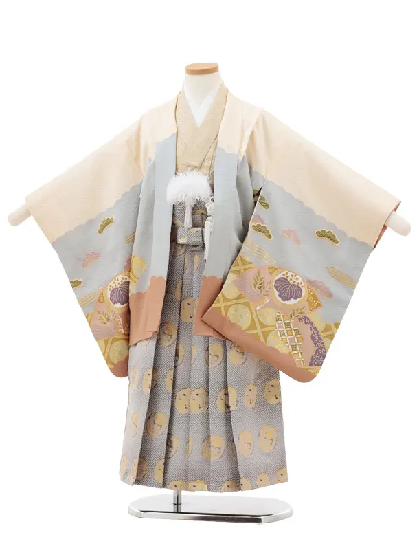 七五三(5歳男袴)X730【正絹】クリームベージュ鼓に鷹×グレー