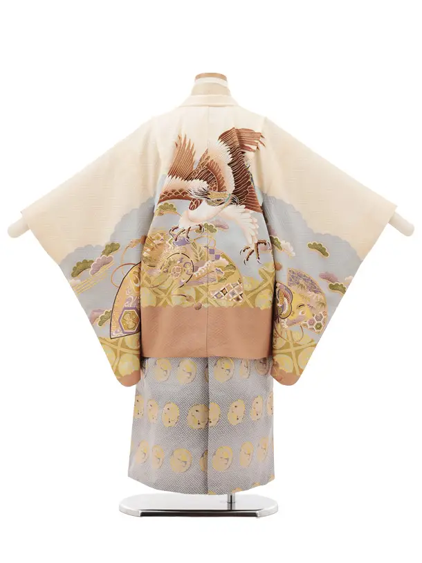 七五三(5歳男袴)X730【正絹】クリームベージュ鼓に鷹×グレー