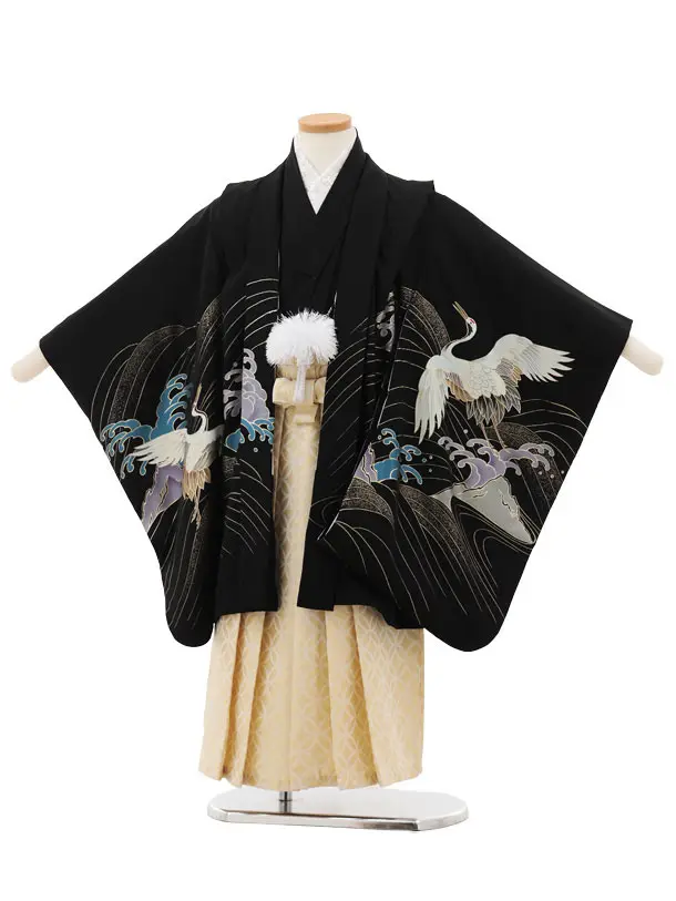 七五三(5歳男袴)X731【正絹】黒地 波に鶴×ゴールド