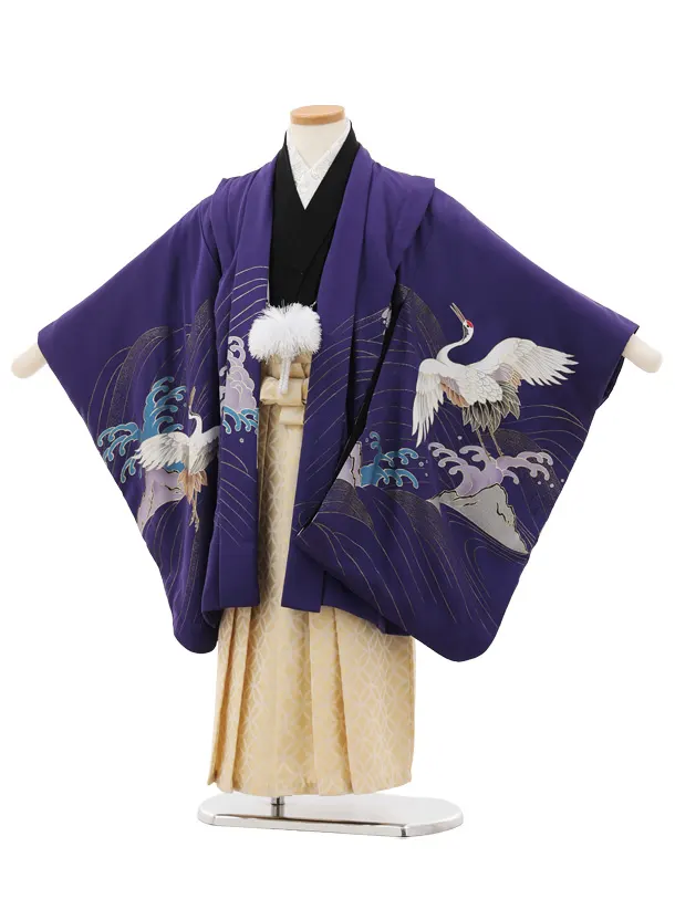 七五三(5歳男袴)X732【正絹】紫地 波に鶴×ゴールド