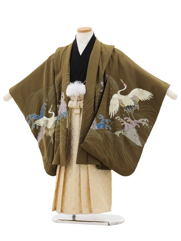 七五三(5歳男袴)X733【正絹】梅幸茶 波に鶴×ゴールド
