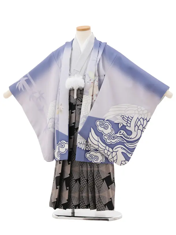 かんたん七五三(5歳男袴)X735 パープルぼかし 鶴文×黒グレー