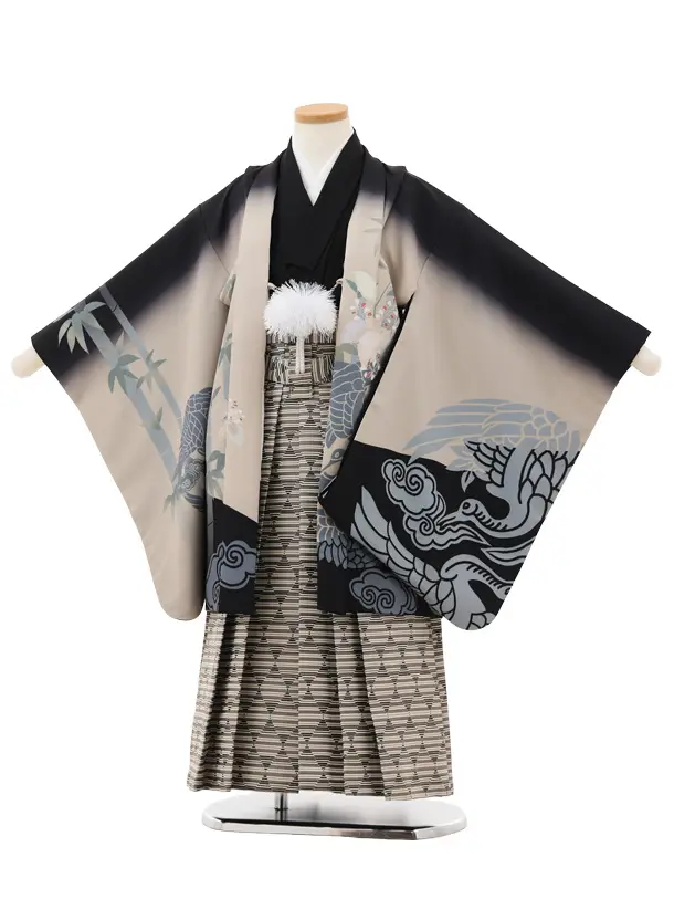 かんたん七五三(5歳男袴)X737 黒ぼかし鶴文×ベージュ