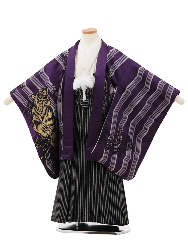 かんたん七五三(5歳男袴)X739 紫地 縞に虎×黒シルバー縞