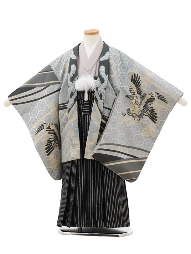 かんたん七五三(5歳男袴)X740 グレー亀甲文に鷹×黒シルバー縞