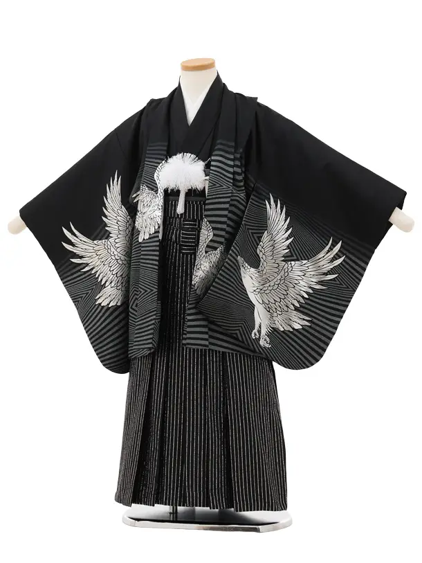 かんたん七五三(5歳男袴)X744 黒シルバーゴールド鷹×黒シルバー縞