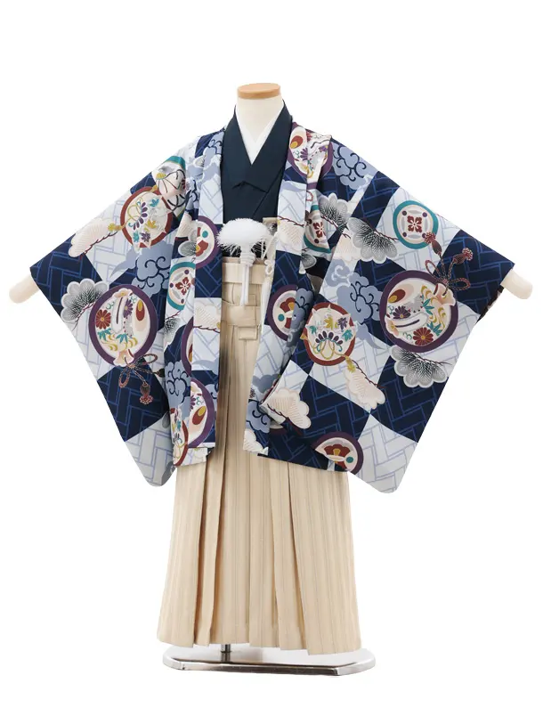 かんたん七五三(5歳男袴)X745 紺 市松丸紋×アイボリー