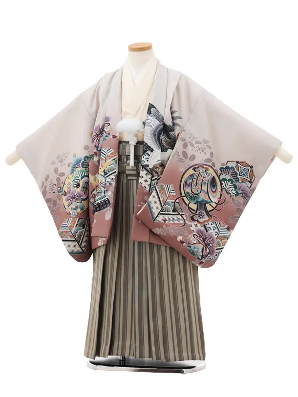 かんたん七五三(5歳男袴)X746 ベージュぼかし吉祥文様 鷹×ベージュ縞