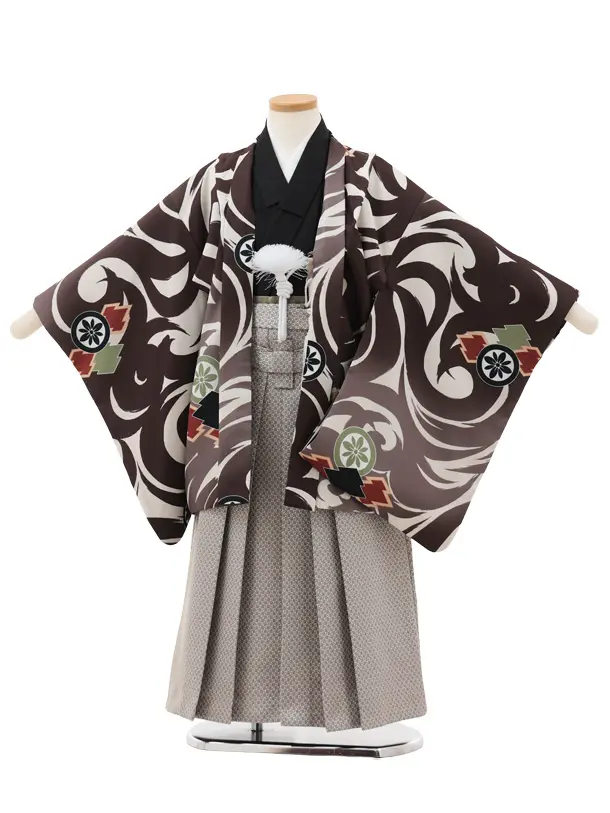 かんたん七五三(5歳男袴)X747 ベージュブラウン丸紋松菱×パープルベージュ