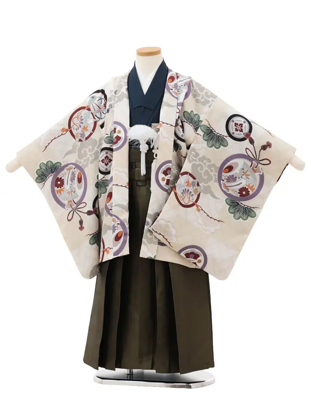 かんたん七五三(5歳男袴)X748 ベージュ市松丸紋×モスグリーン