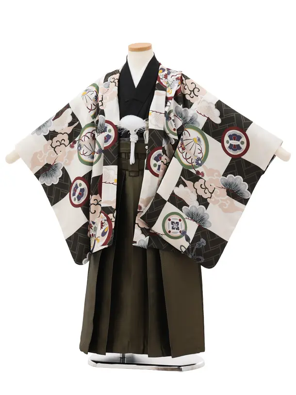 かんたん七五三(5歳男袴)X749 グリーン市松丸紋×モスグリーン