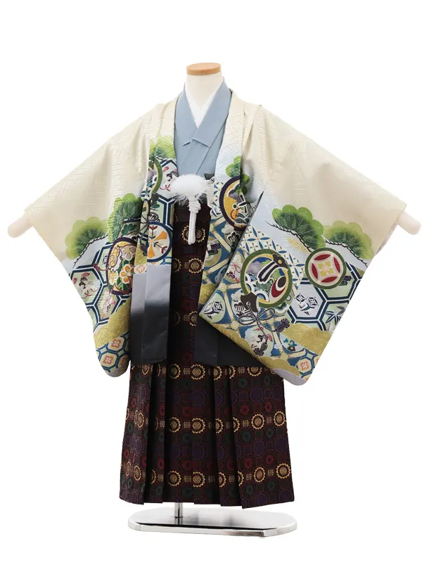 かんたん七五三(5歳男袴)X750 クリーム地 丸紋に兜×ブラウン