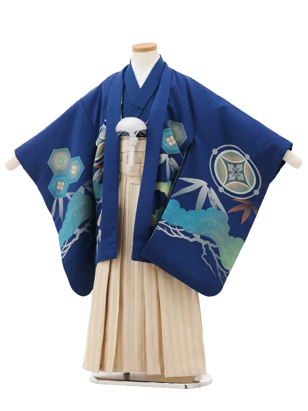 かんたん七五三(5歳男袴)X751 ブルー地 松に鷹×アイボリーストライプ