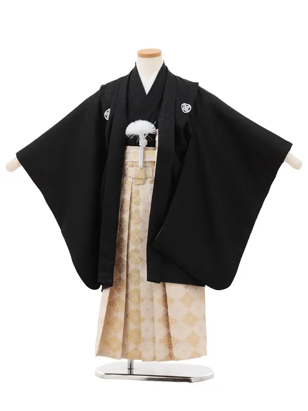 かんたん七五三(5歳男袴)X755 黒紋付×ベージュゴールド菱