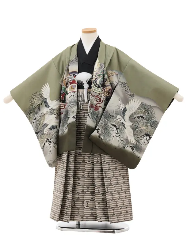 かんたん七五三(5歳男袴)X767 グリーン鷹に虎×ベージュ黒