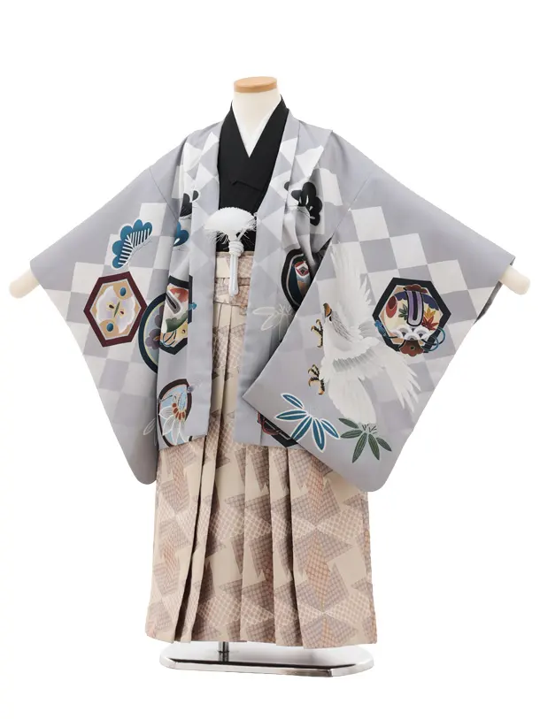 かんたん七五三(5歳男袴)X768 グレー 白鷹兜×ベージュ